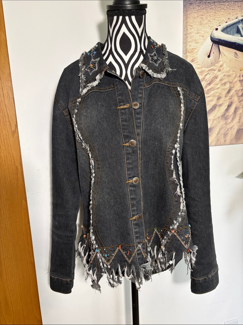 Distressed Black Denim Jacket with Fringe and Beaded Trim